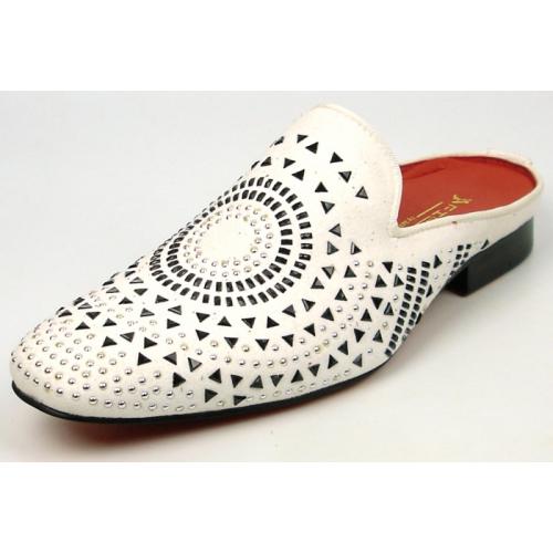 Fiesso White Genuine Suede Rhinestone Ornamented Slip On Shoes FI7420.